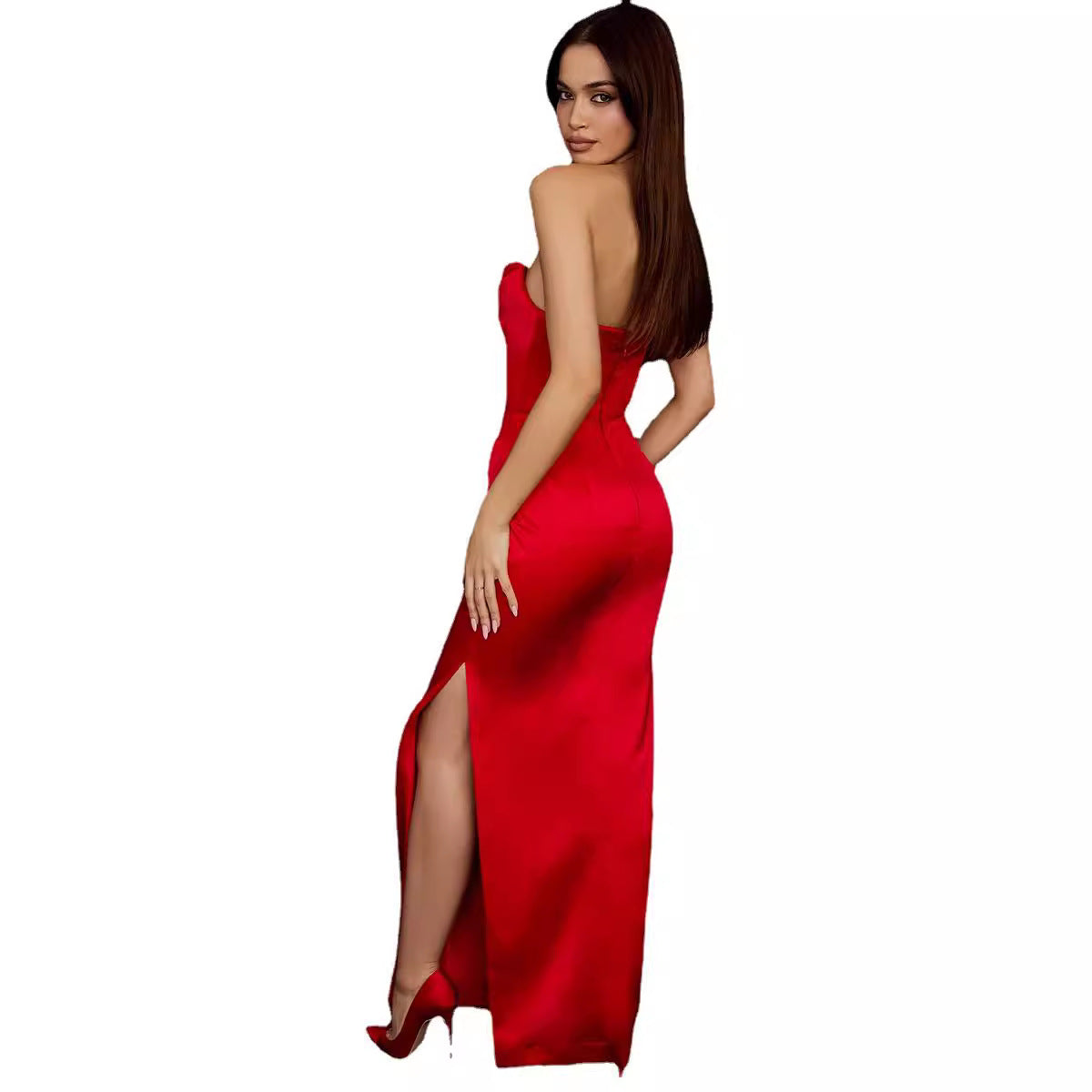 Strapless sleeveless solid-color slit dress