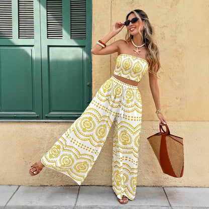 Strapless top and wide-leg pants