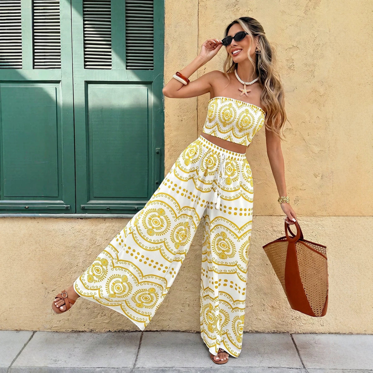Strapless top and wide-leg pants