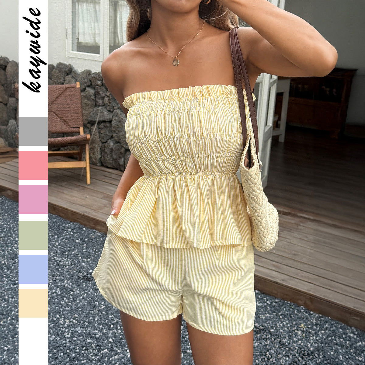 Strapless wooden-earbud short skirt set for women