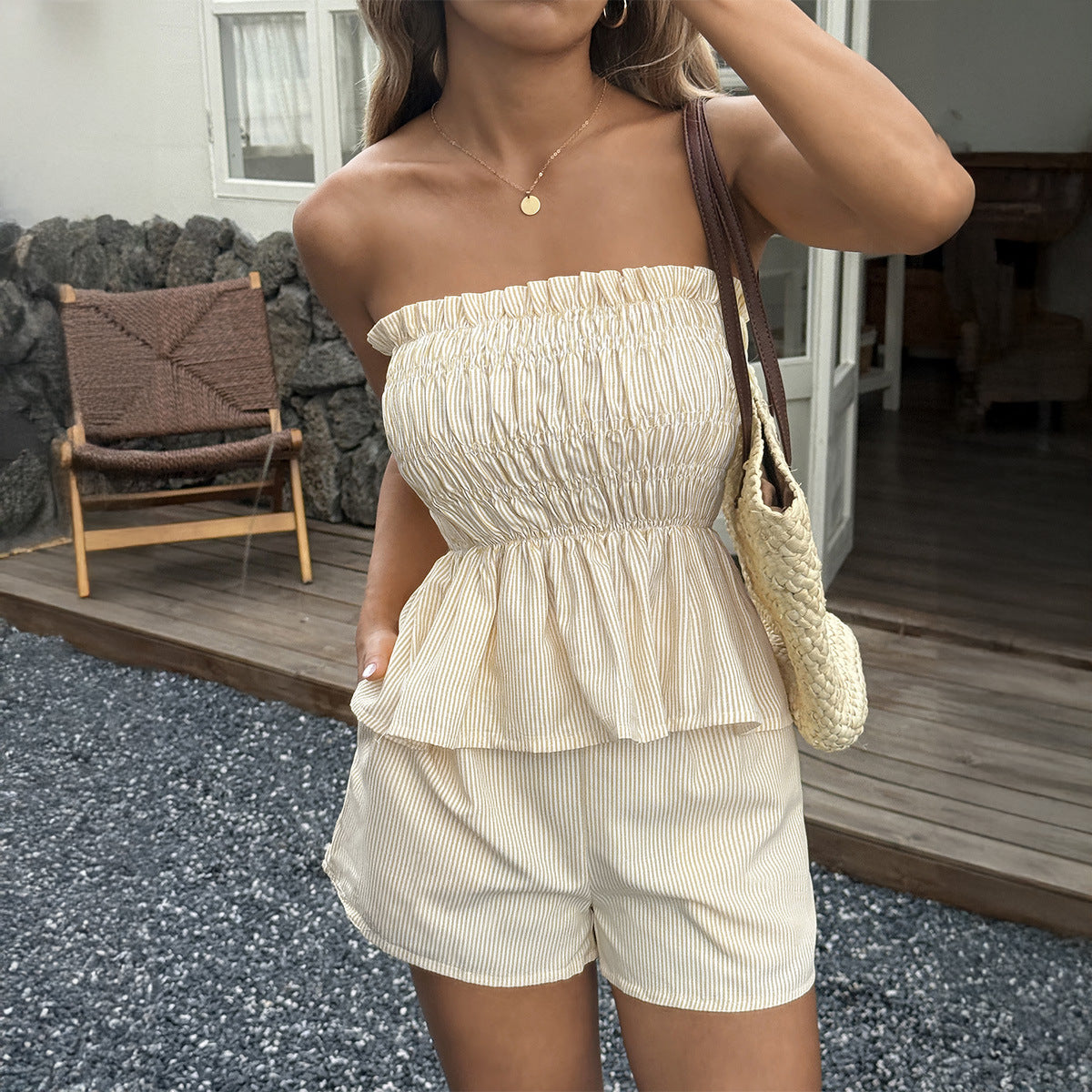 Strapless wooden-earbud short skirt set for women
