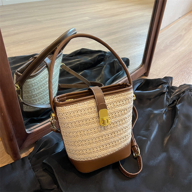 Straw Woven Bucket Bag with Adjustable Strap