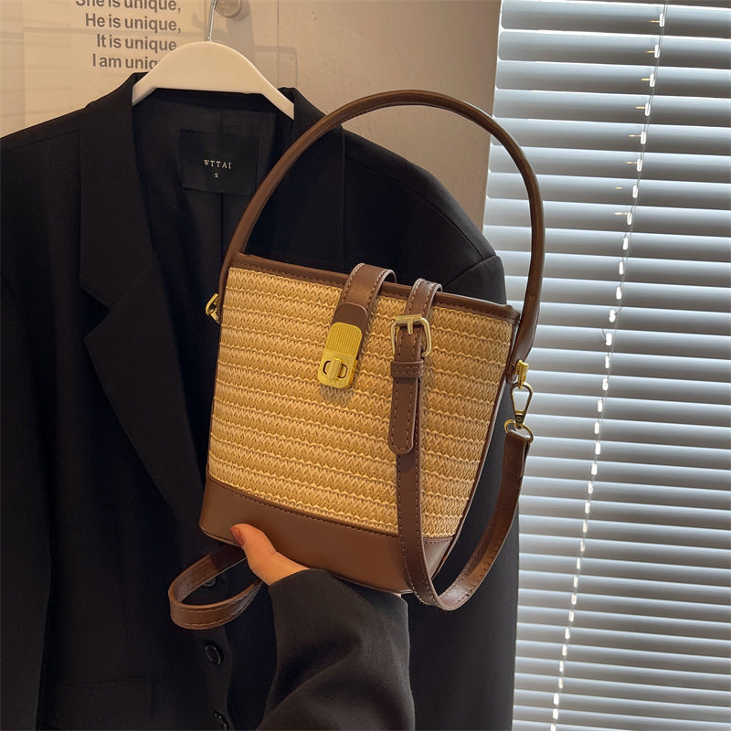 Straw Woven Bucket Bag with Adjustable Strap