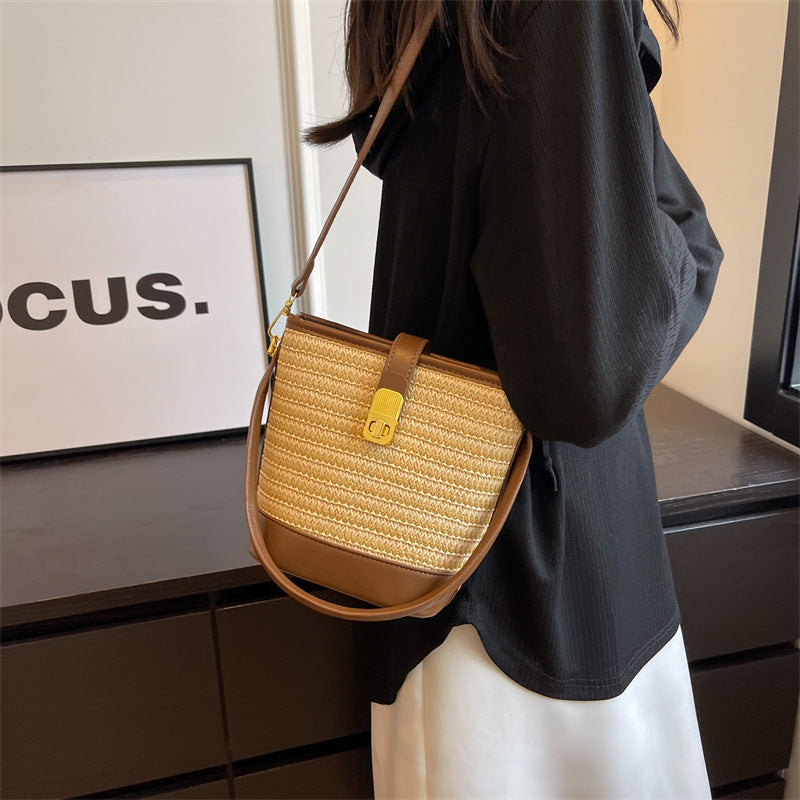 Straw Woven Bucket Bag with Adjustable Strap