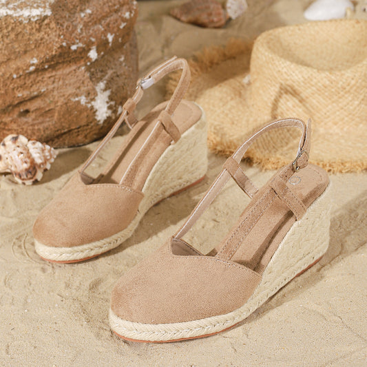 Straw-Woven Hemp Rope Thick-Soled High-Heeled Shoes with Round Toe