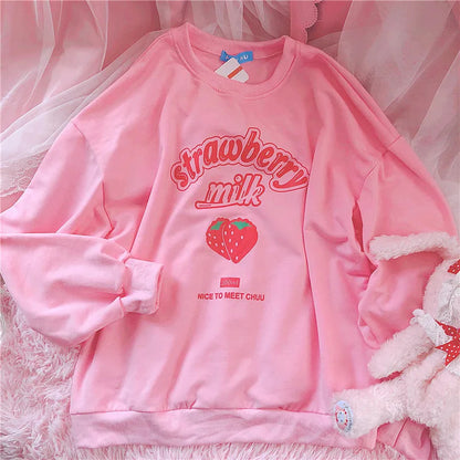 Strawberry Print Cotton Hoodie Long Sleeve Pullover