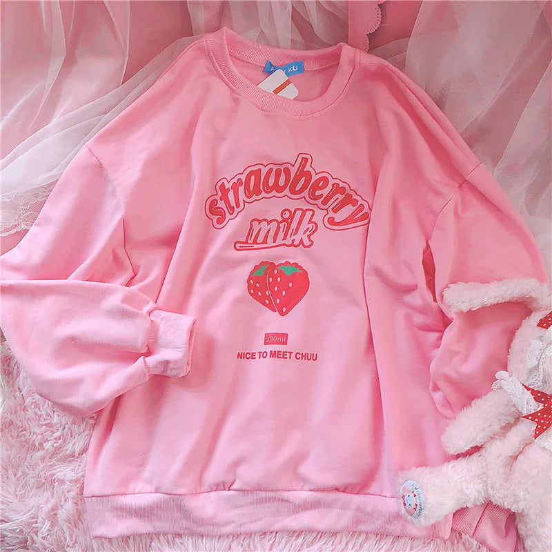 Strawberry Print Cotton Hoodie Long Sleeve Pullover