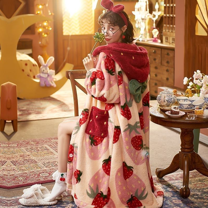 Strawberry Print Fleece-Lined Pajama Set
