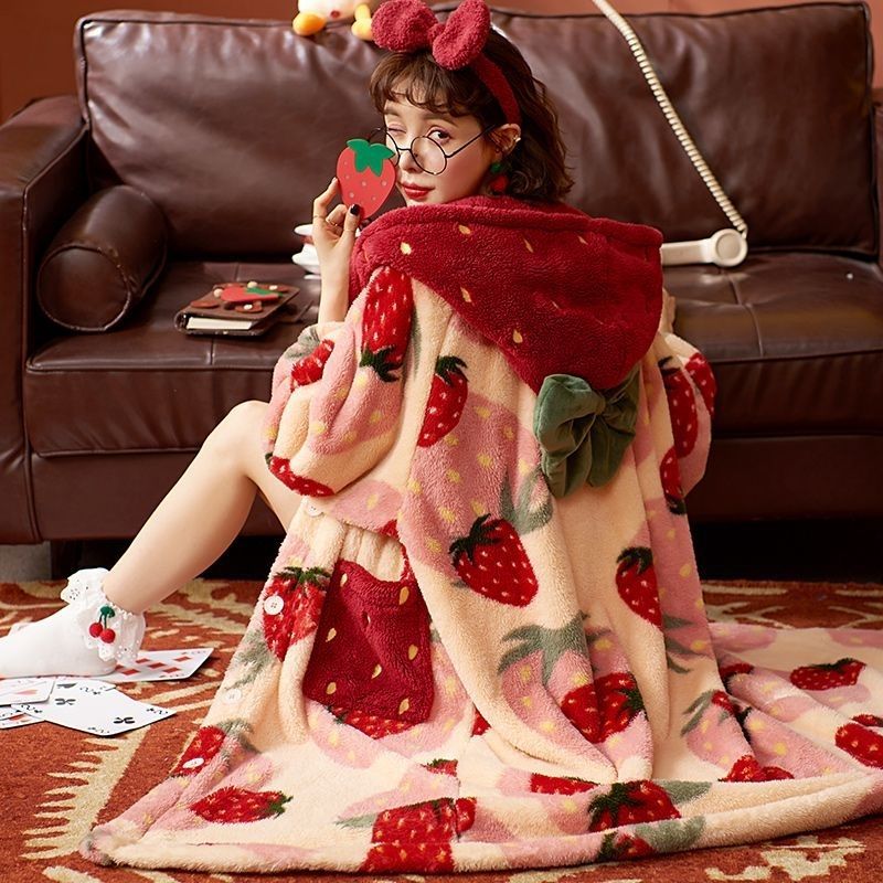 Strawberry Print Fleece-Lined Pajama Set
