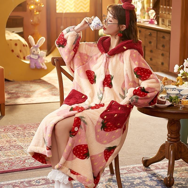 Strawberry Print Fleece-Lined Pajama Set