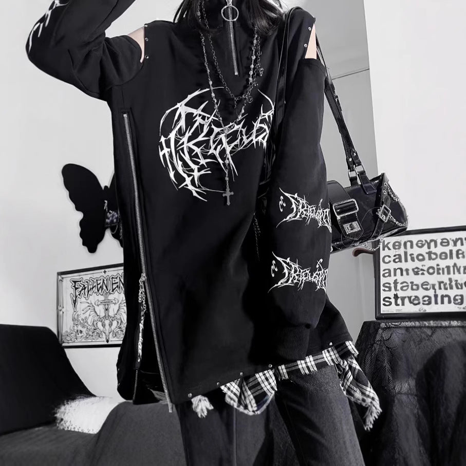 Street Abstract Print Hollow Pullover Sweatshirt