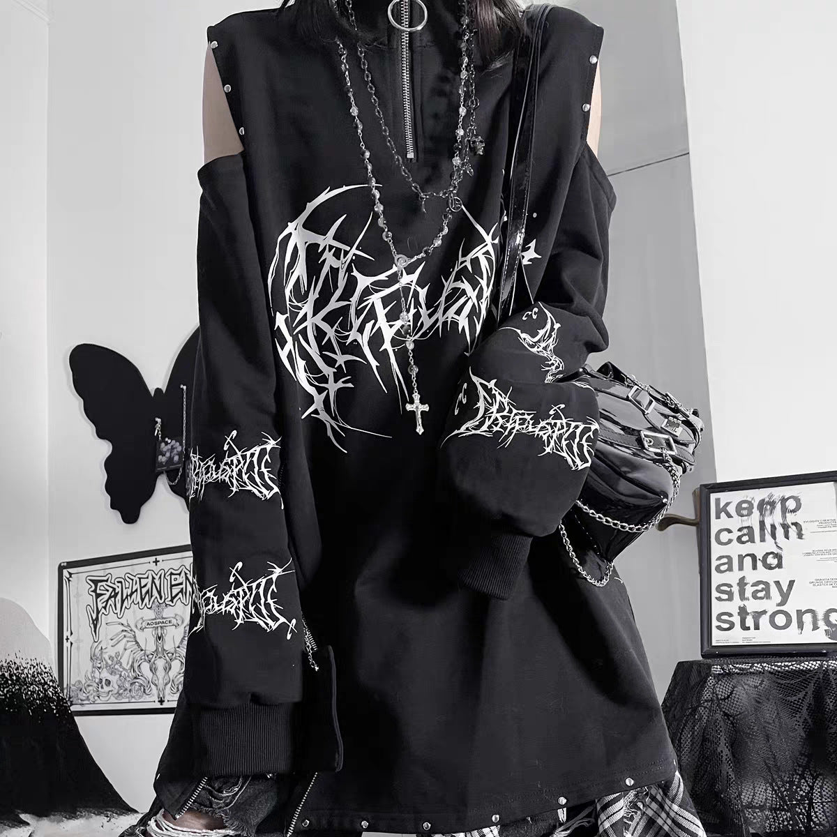Street Abstract Print Hollow Pullover Sweatshirt