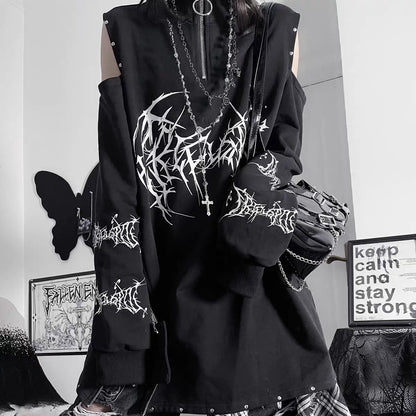 Street Abstract Print Hollow Pullover Sweatshirt