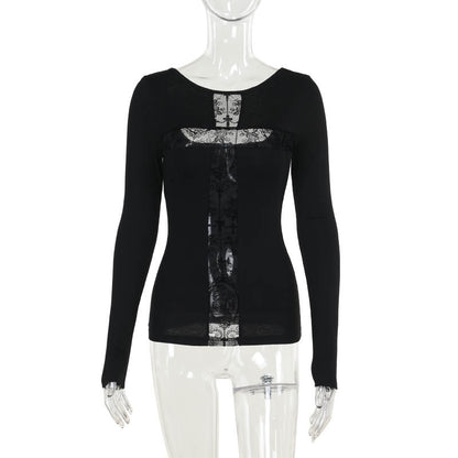 Street Style Long Sleeve Cross Contrast Top