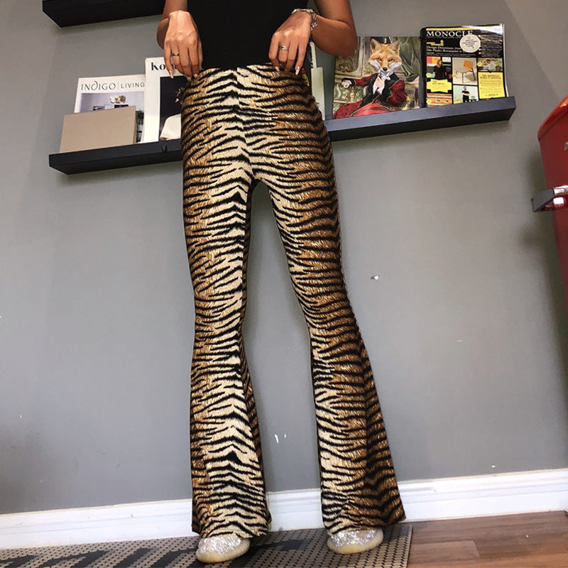 Street trend printed high-waisted, form-fitting flared pants