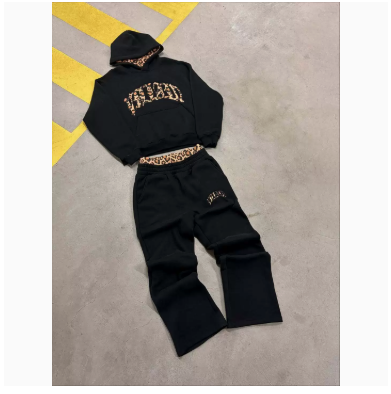 Streetwear Hooded Sweatshirt Set with Leopard Embroidery