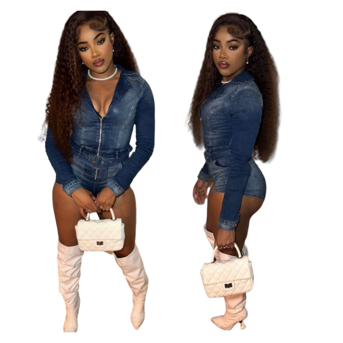 Stretch Denim Lace-up Jumpsuit Shorts