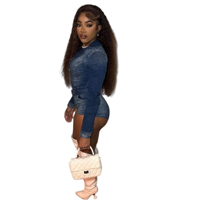 Stretch Denim Lace-up Jumpsuit Shorts