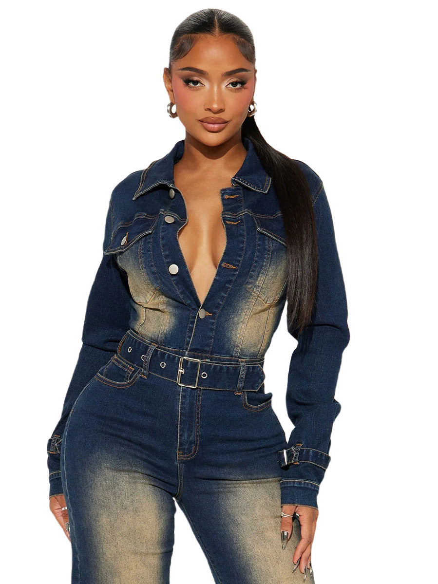 Stretch Flare Denim Jumpsuit