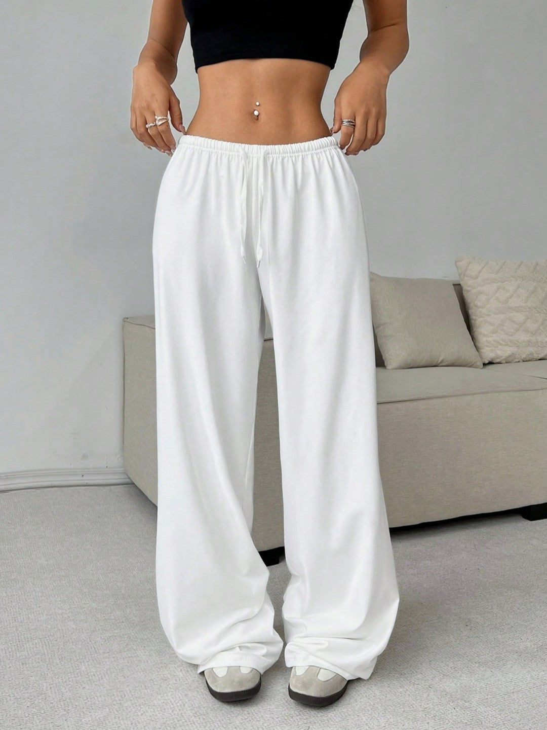 Stretch waist tie wide-leg casual pants