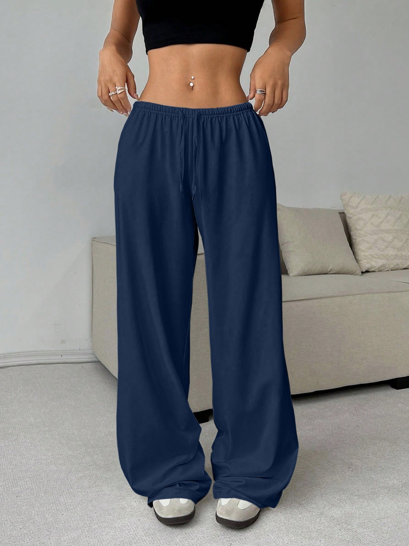 Stretch waist tie wide-leg casual pants