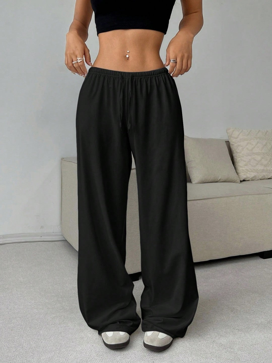 Stretch waist tie wide-leg casual pants