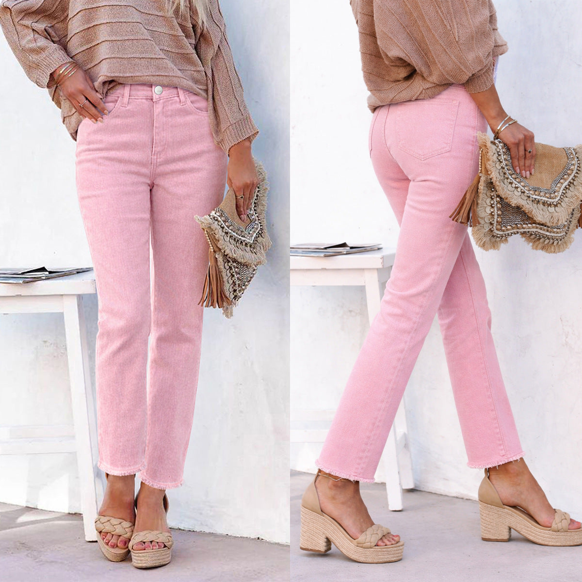 Stretch Washed Denim Straight Pants