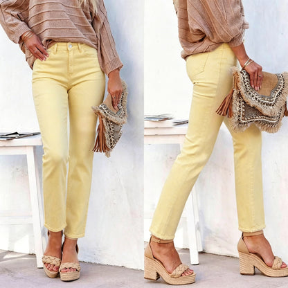 Stretch Washed Denim Straight Pants