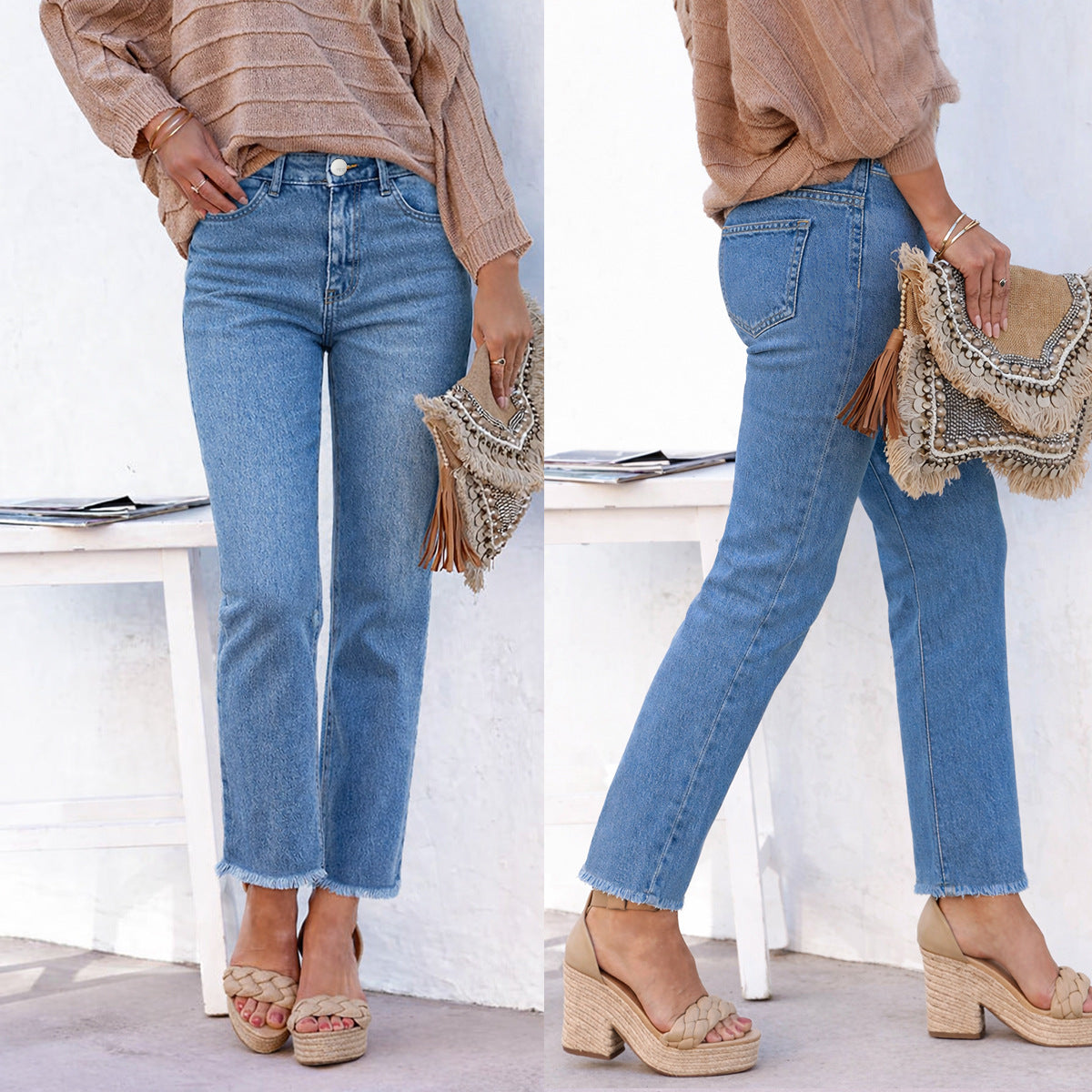 Stretch Washed Denim Straight Pants