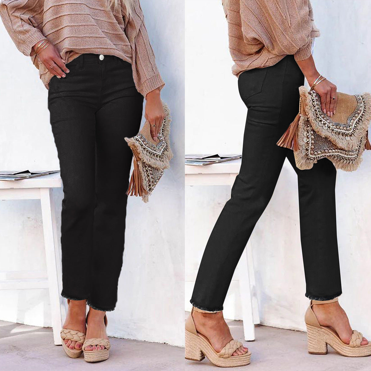 Stretch Washed Denim Straight Pants
