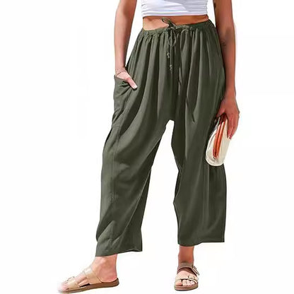 Stretched-waist pleated high-waisted wide-leg pants