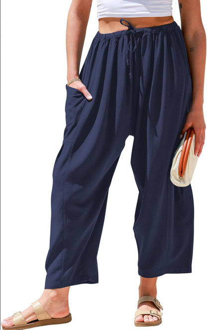 Stretched-waist pleated high-waisted wide-leg pants