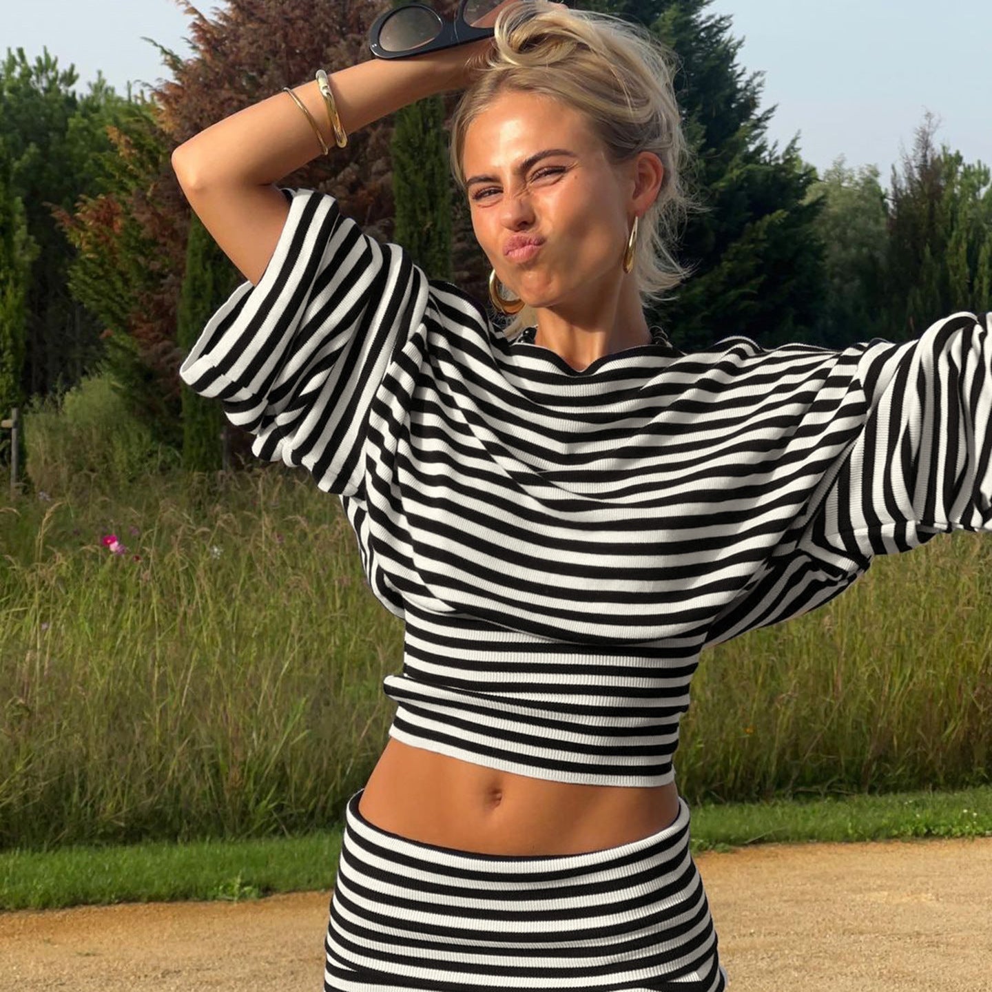 Striped Bat Sleeve T-Shirt and Skirt Set