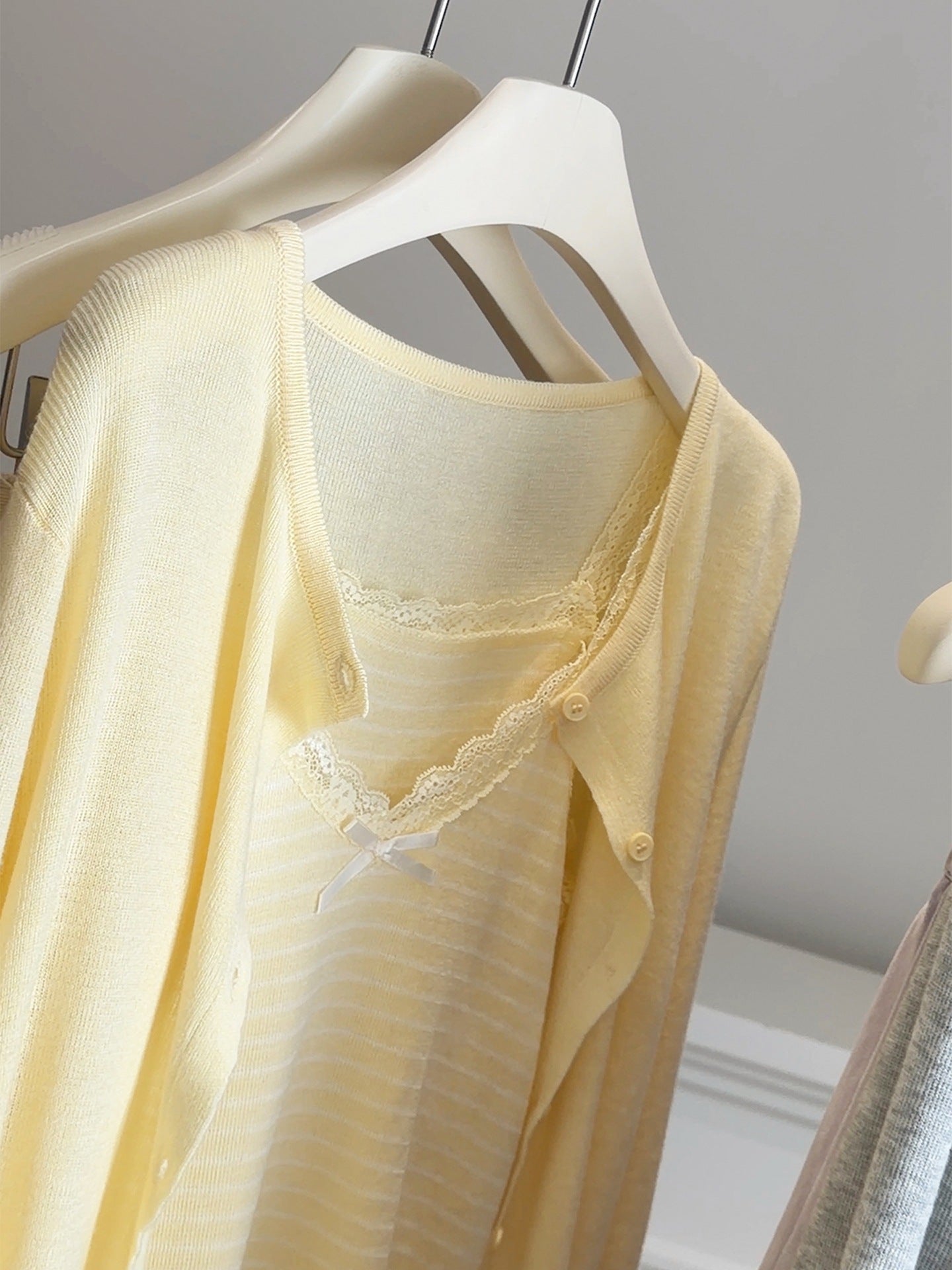 Striped Bowknot Camisole with Knit Cardigan Set