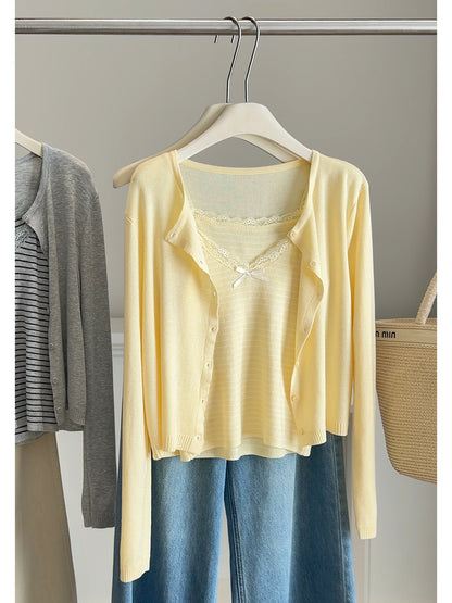 Striped Bowknot Camisole with Knit Cardigan Set