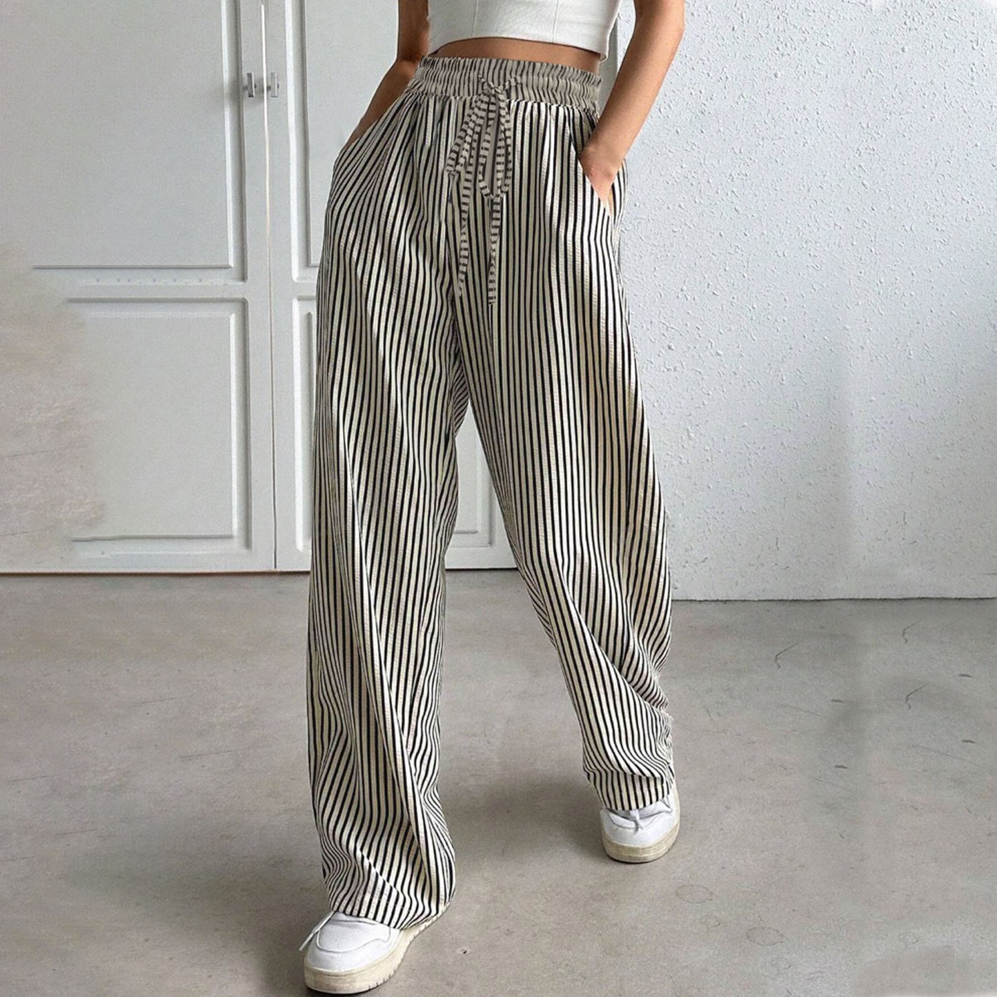 Striped casual trousers and straight-leg pants for women