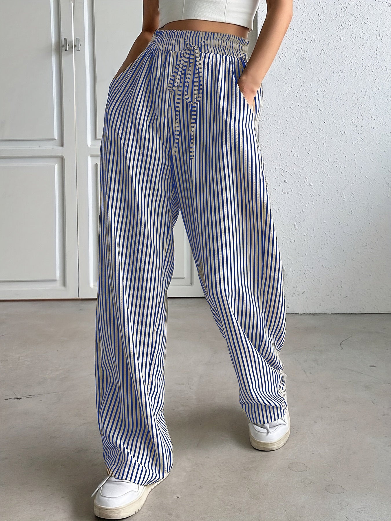 Striped casual trousers and straight-leg pants for women