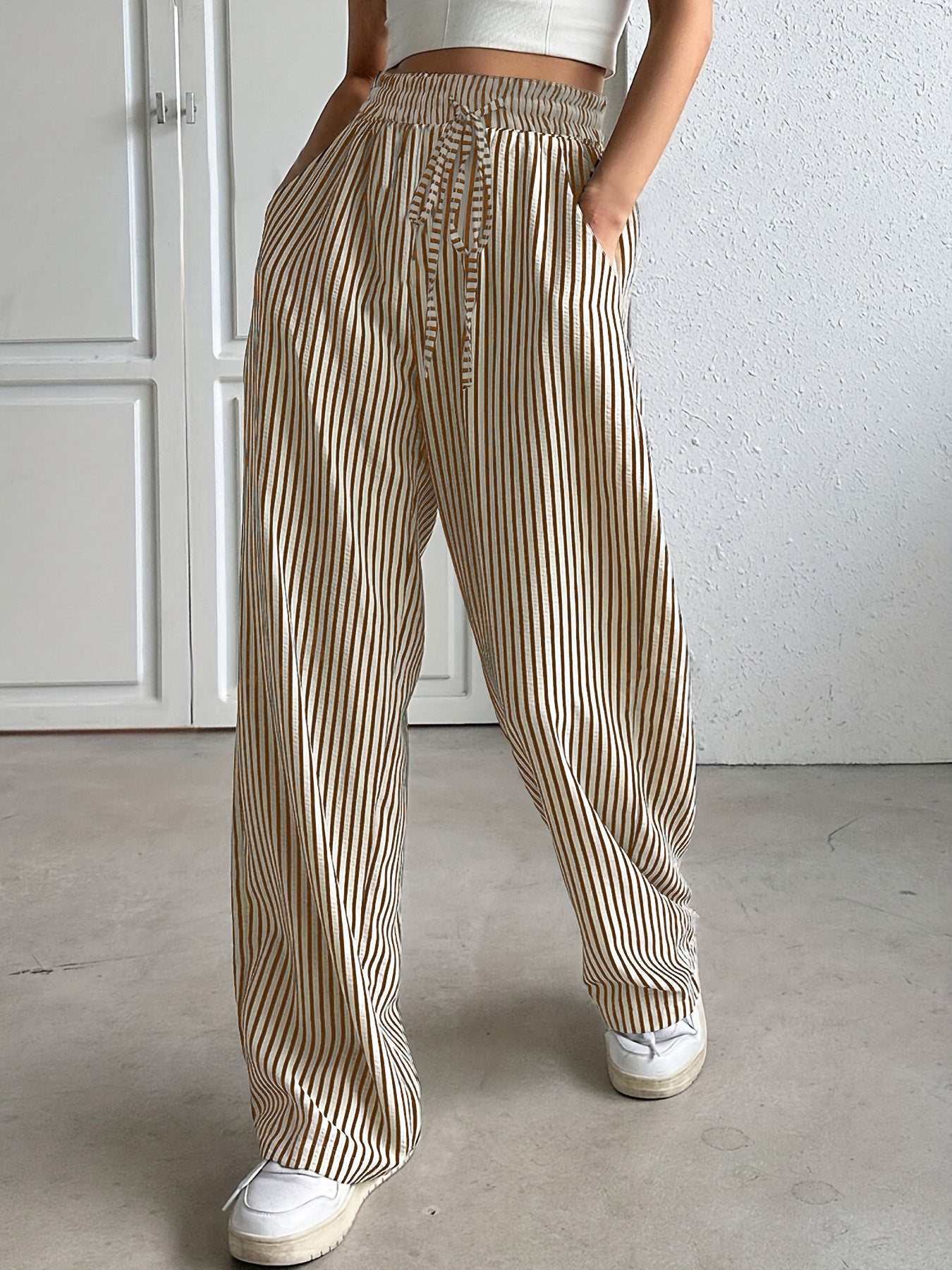 Striped casual trousers and straight-leg pants for women