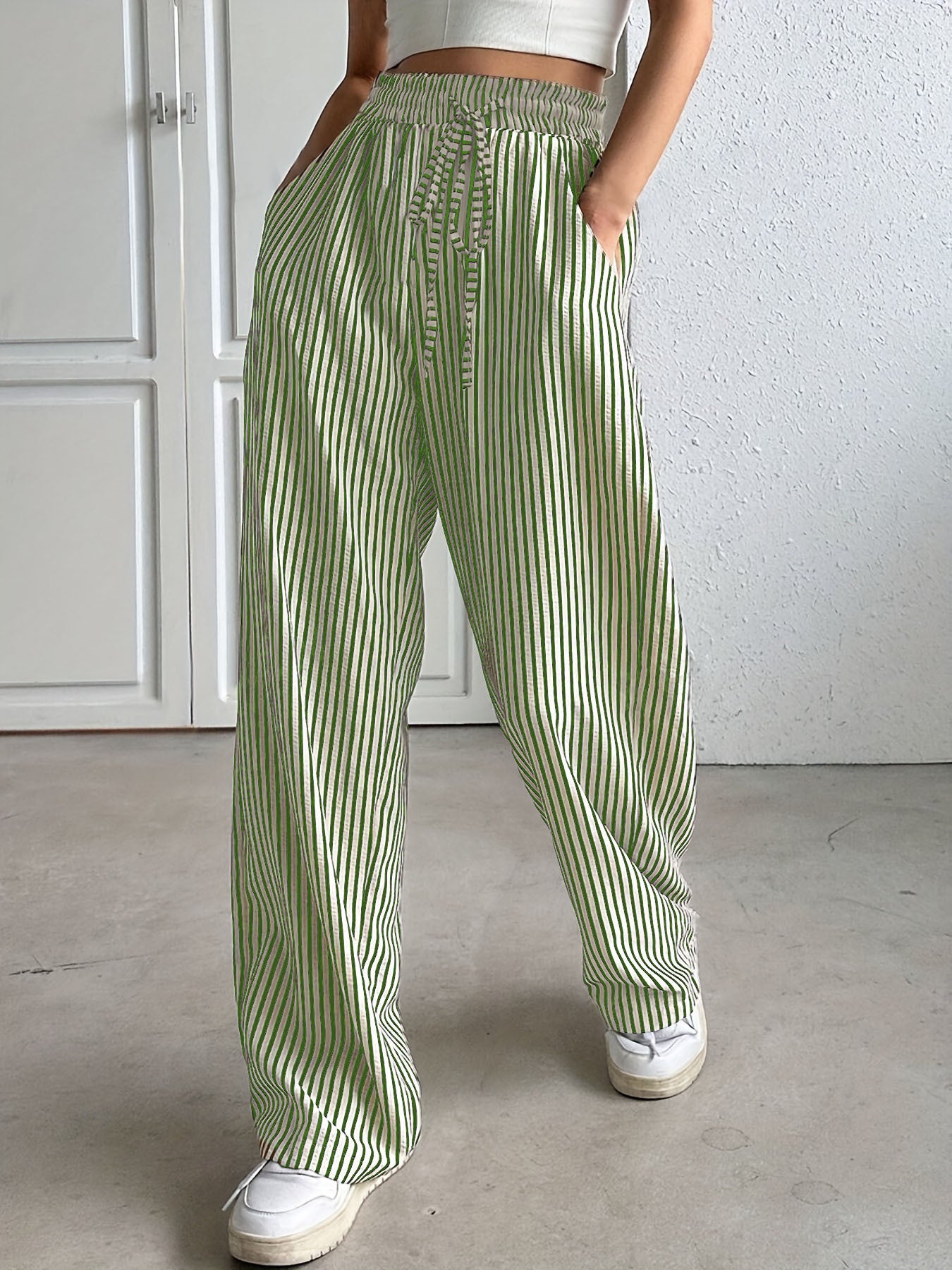 Striped casual trousers and straight-leg pants for women