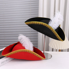 White hat with gold rim black feathers