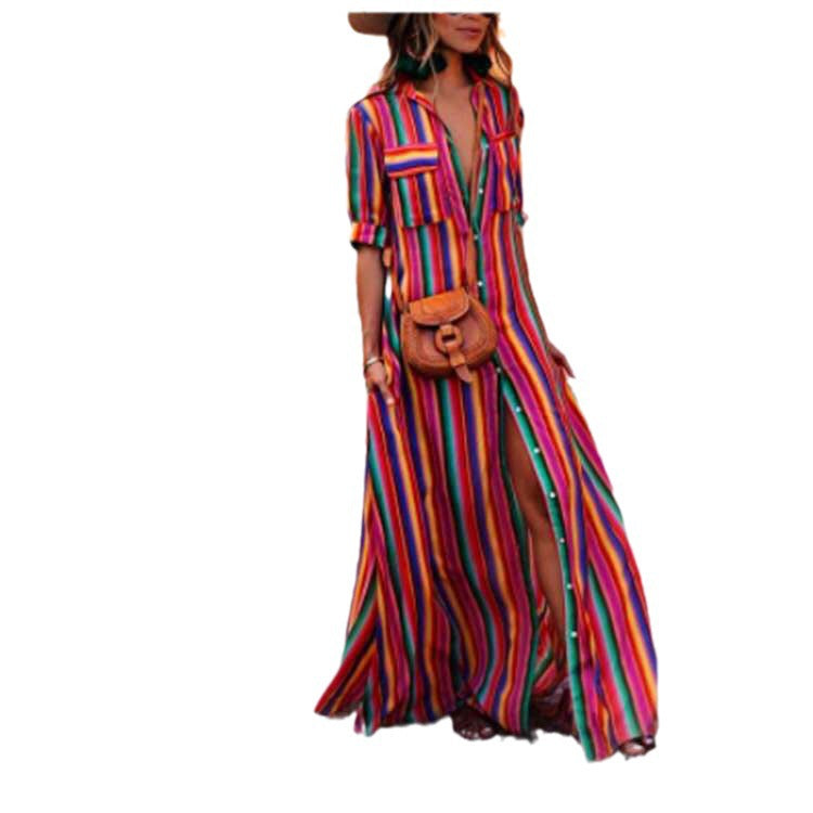 Striped Flared Shirt Dress