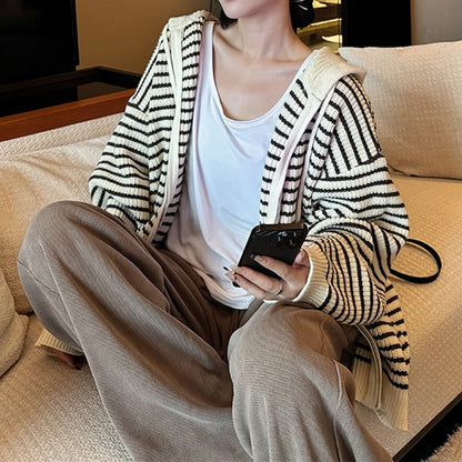 Striped Hooded Knitted Cardigan