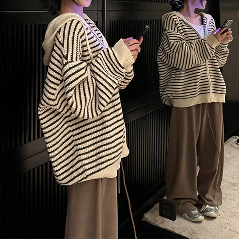 Striped Hooded Knitted Cardigan