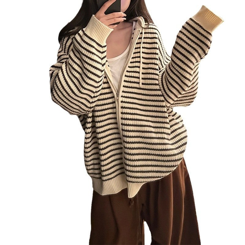 Striped Hooded Knitted Cardigan