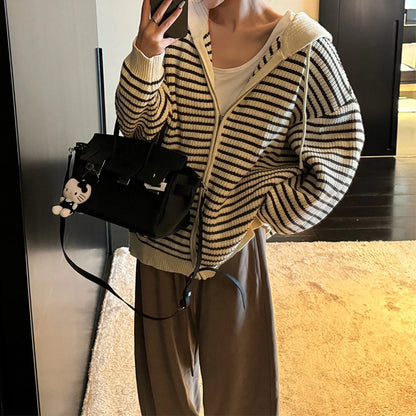 Striped Hooded Knitted Cardigan