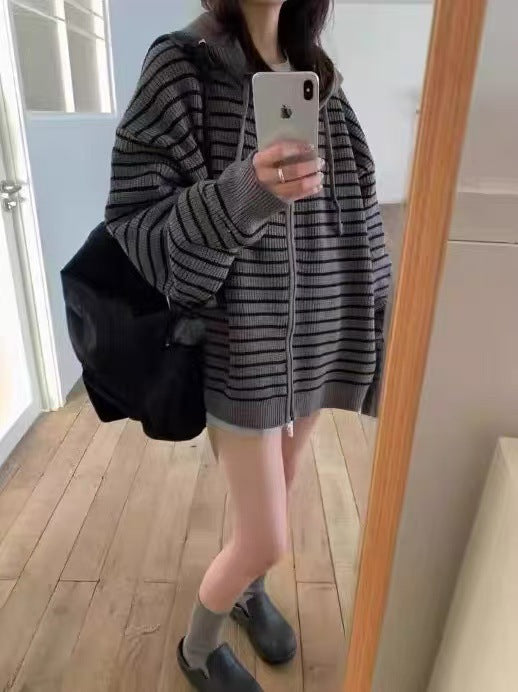 Striped Hooded Knitted Cardigan