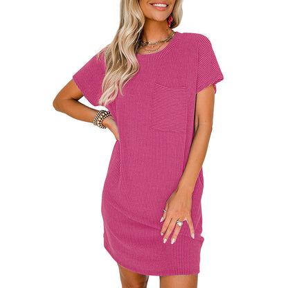 Striped Knee-length Knitted Dress with Pocket for Women