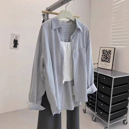 Striped Long Sleeve Shirt Women Loose Fit Casual