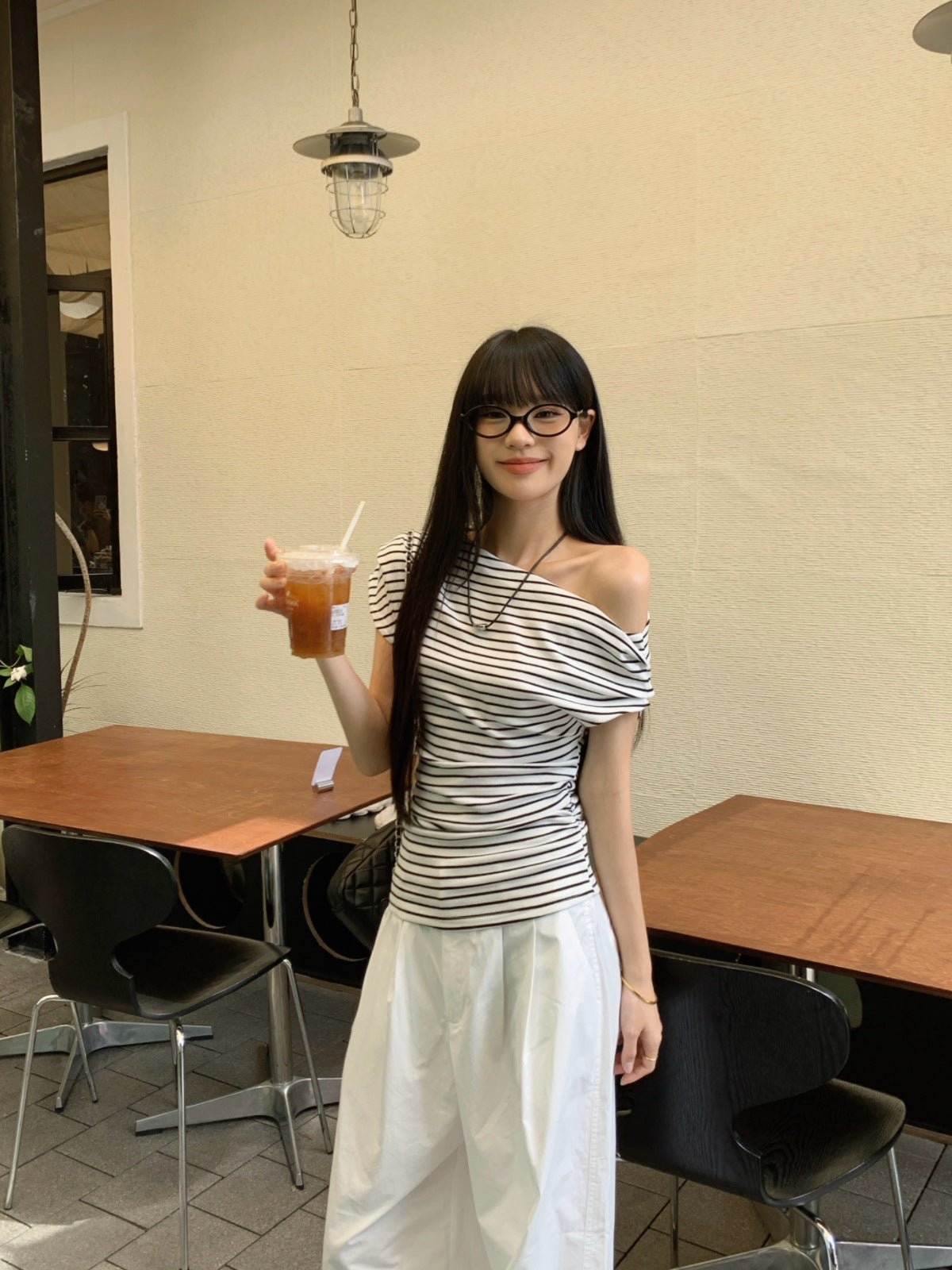 Striped Off-Shoulder Short Sleeve T-Shirt