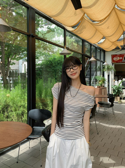 Striped Off-Shoulder Short Sleeve T-Shirt